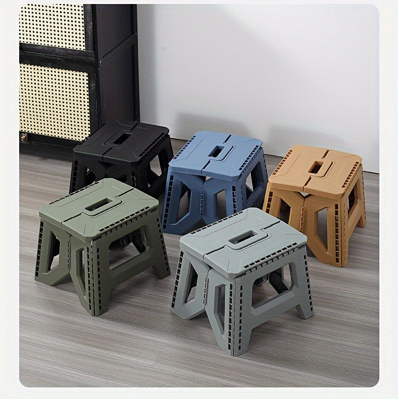 Portable Folding Stool with Carry Handle, Single Square PP Plastic Collapsible Seat in Five Colors for Indoor Gatherings, Picnics and Fishing