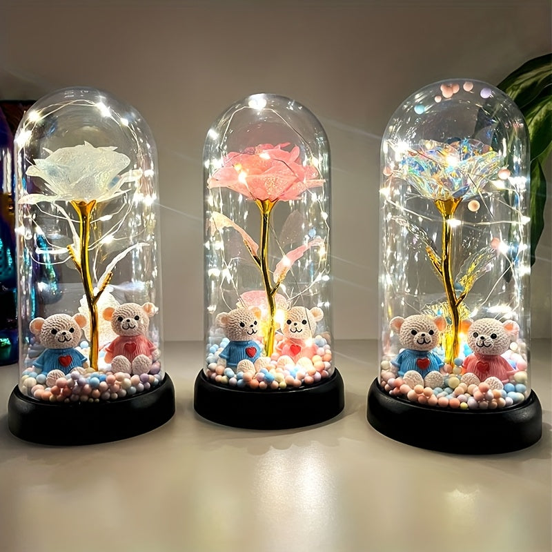 Rose Flower Dome Decoration with Illuminated, Glitter and Colorful Style Labels, Foam Ball Accents and Selected Two-Bear Designs for Tabletop Gifts