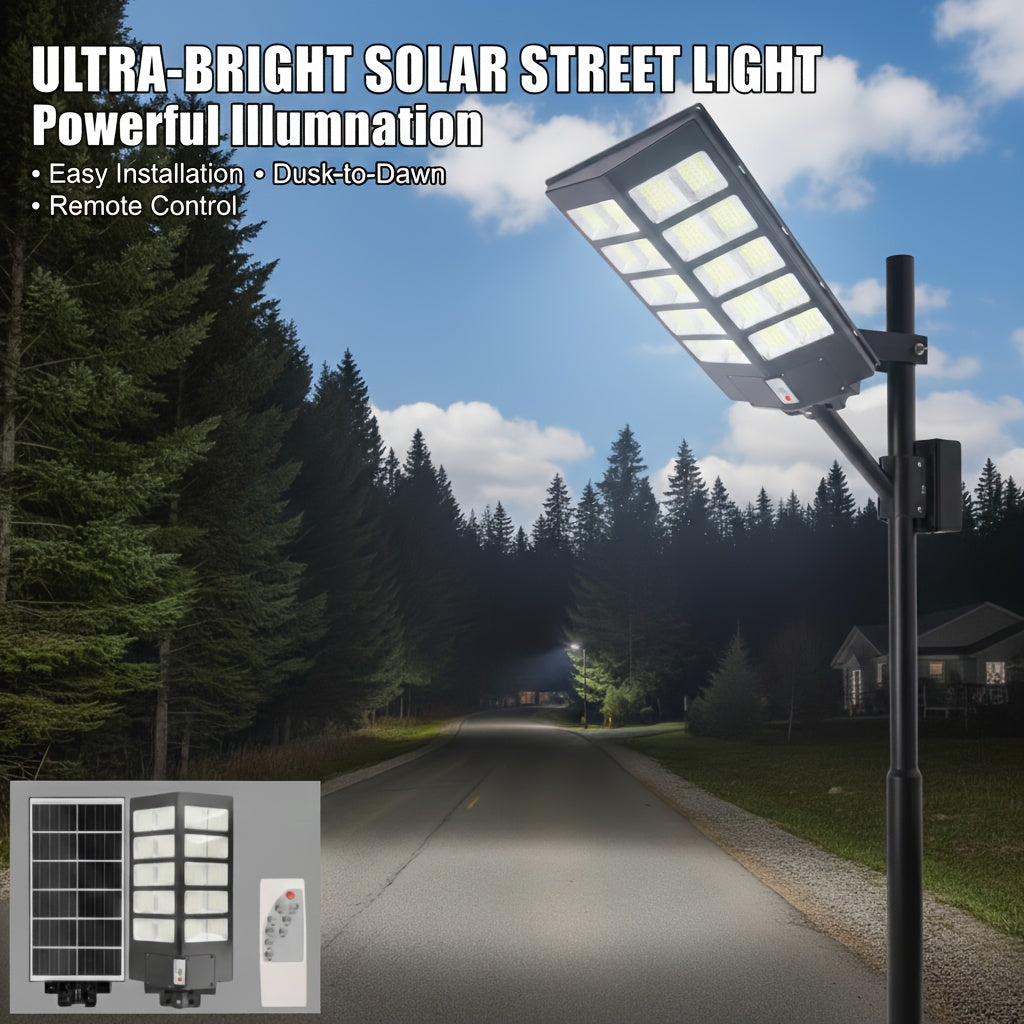 Solar Street Light with Motion Sensor and Remote Control, Matte Black Single-Pack 270, 360 or 800 LED Options with 6500K and Three Lighting Mode References