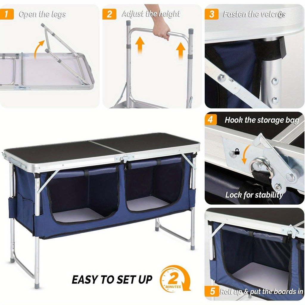 Camping Folding Table with Storage by Bonnlo, 4ft Adjustable-Height Aluminum Picnic Table in Five Color Options for Backyard BBQs, Patio Dining and Outdoor Gatherings