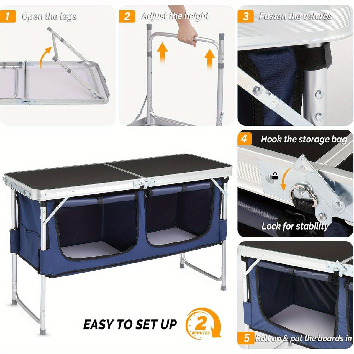 Camping Folding Table with Storage by Bonnlo, 4ft Adjustable-Height Aluminum Picnic Table in Five Color Options for Backyard BBQs, Patio Dining and Outdoor Gatherings