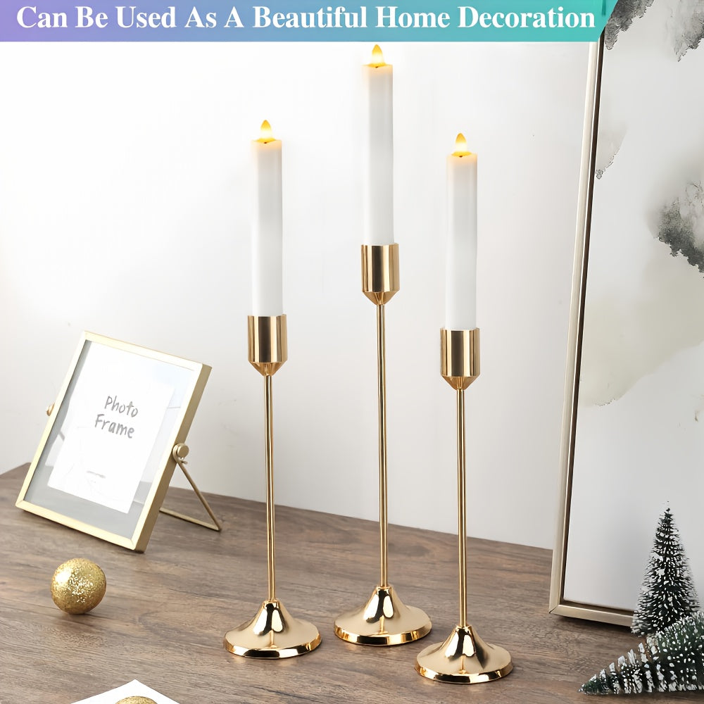 Metal Candle Holders Three-Piece Set for Wedding Centerpieces, Anniversary Dinner Tables and Seasonal Decor with Golden-Tone, French Golden, Silvery or Black Labels