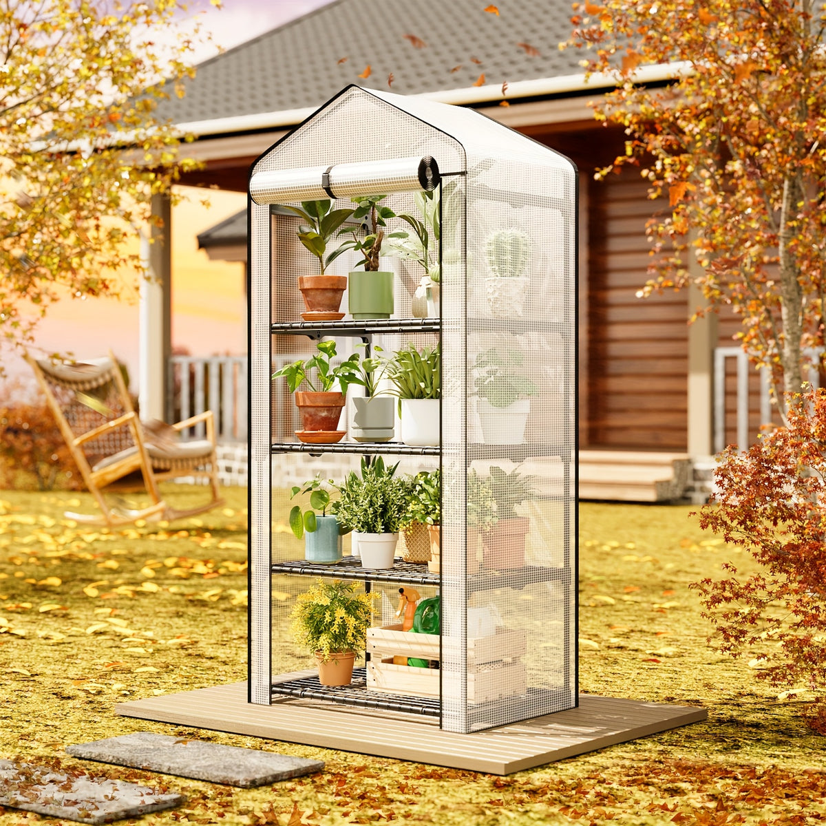 Portable Mini Greenhouse by WHONLINE with Listed PE Cover and Tiered Plant Stand, White or Green Style Options for Seedling and Flower Growing at Home