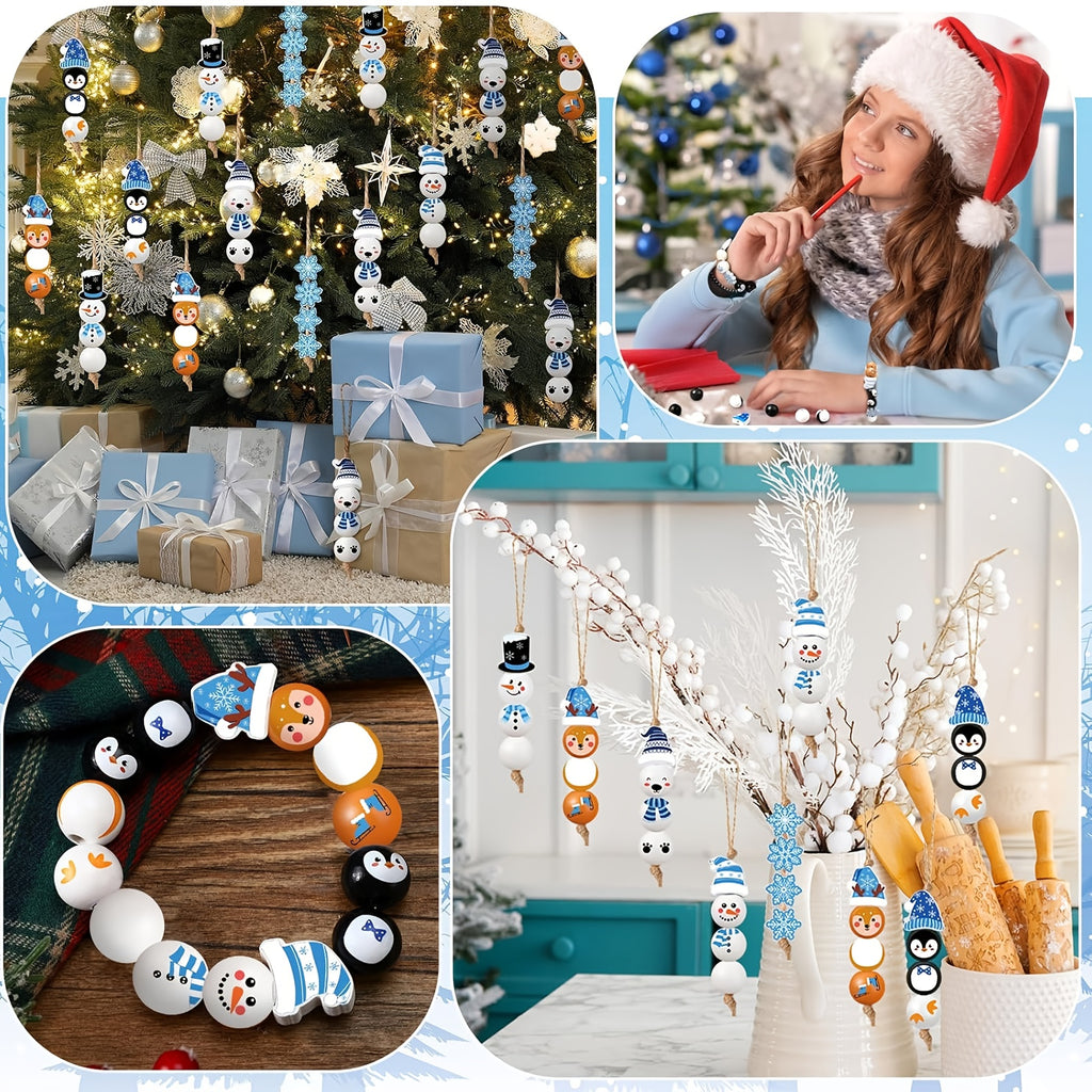 Winter Wooden Craft Beads, 100-Piece Snowman, Polar Bear, Penguin and Reindeer Theme Assortment for DIY Christmas Ornaments, Wreaths and Farmhouse Holiday Decor
