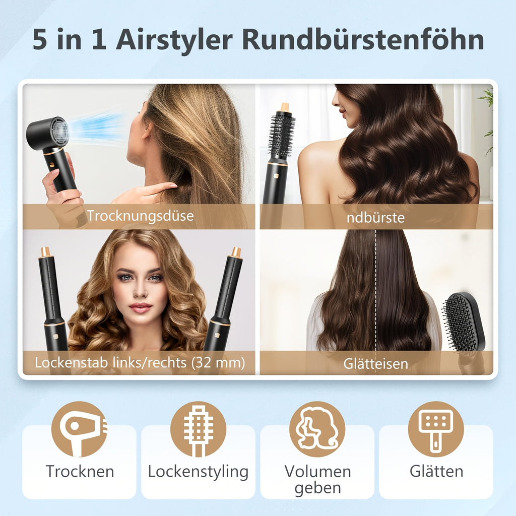 5-in-1 Hot Air Styler with Hair Dryer Brush, Listed Automatic Curling and Straightening Functions, Temperature Control in Black, White or Blue