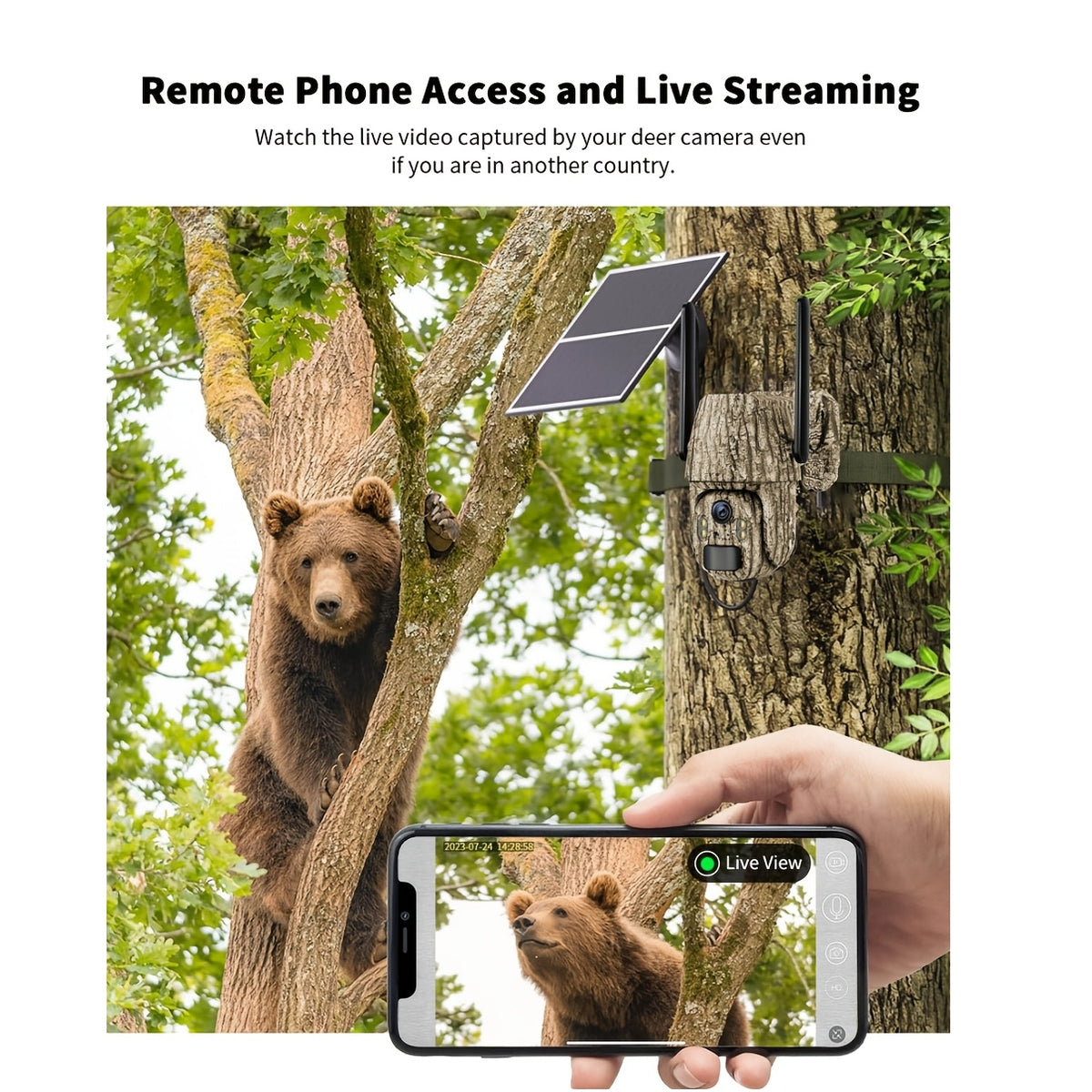 2K Cellular Trail Camera with Solar Panel and SIM Card, Listed 4G LTE Remote Pan Tilt, Spotlight Color Night Vision and Two-Way Audio in Camouflage One- or Two-Camera Packs