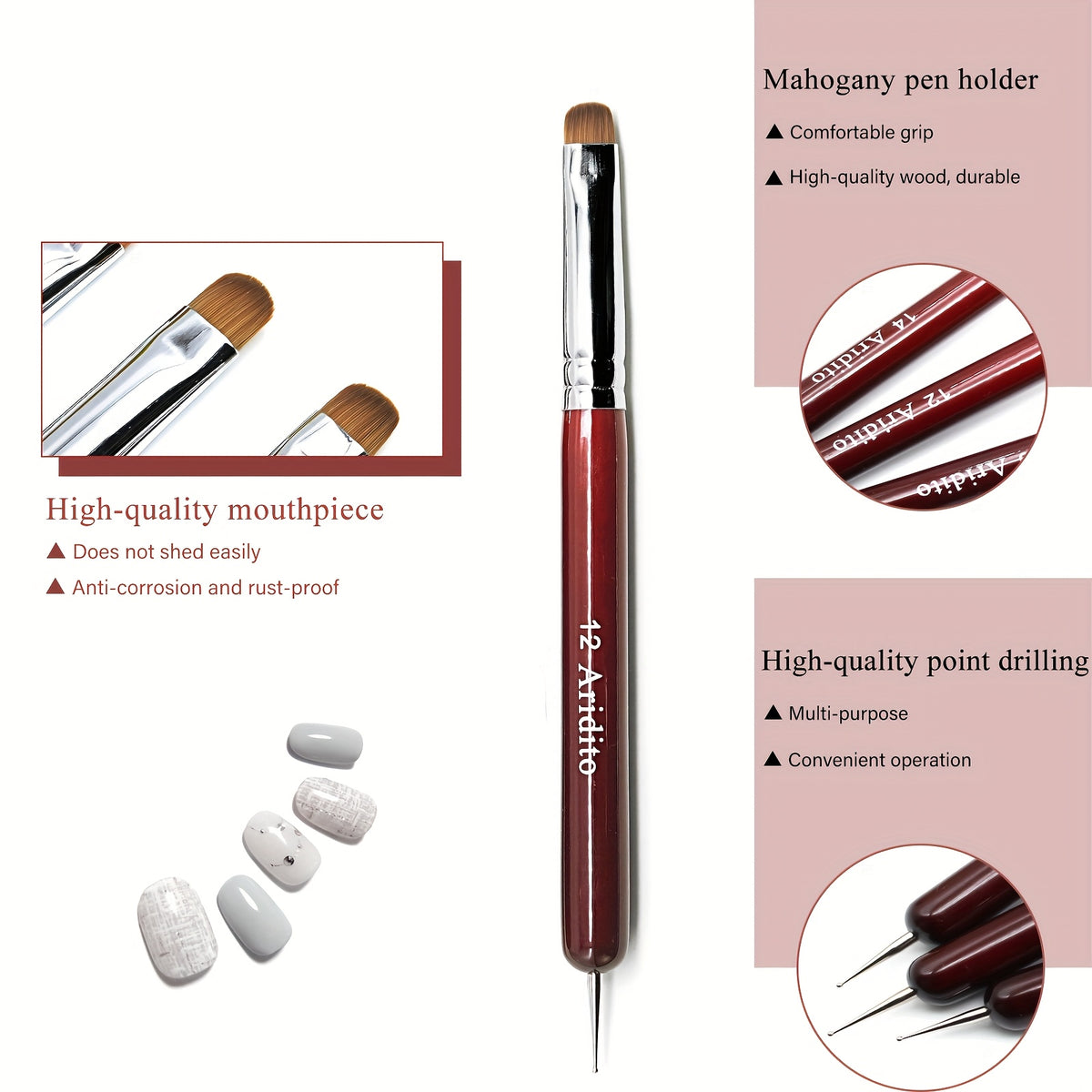 French Manicure Brush Set by Aridito, Four-Piece Nail Art Selection with Red Wood Handles, Metallic Ferrules and No. 10, 12, 14 and 16 Size Labels