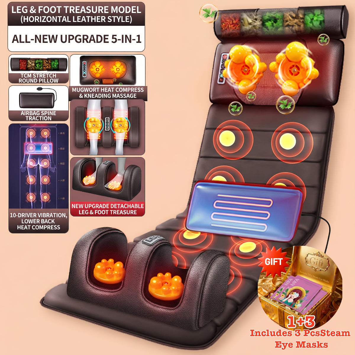Heated Massage Pad for Home Relaxation, Brown Foldable 5-in-1 Body Massage Mat with Listed Multiple Modes for Neck, Shoulders, Back, Waist and Legs