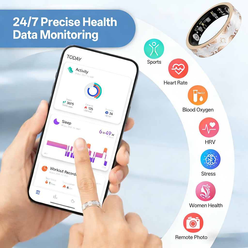 Photo Gesture Smart Ring for Women with Fitness and Sleep Tracking, Listed Strava Sync and iPhone Android Support, Five Colors in US Sizes 7–10
