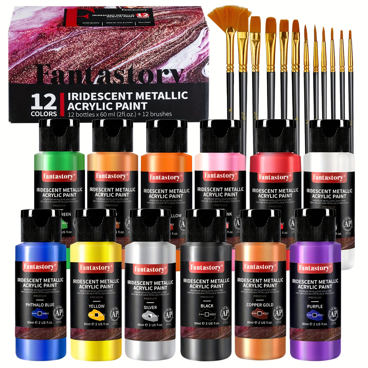 Metallic Iridescent Acrylic Paint Set by Fantastory, 12 Colors in 2oz Bottles with 12 Brushes for Color-Shifting Canvas, Wood, Rock and Ceramic Crafts