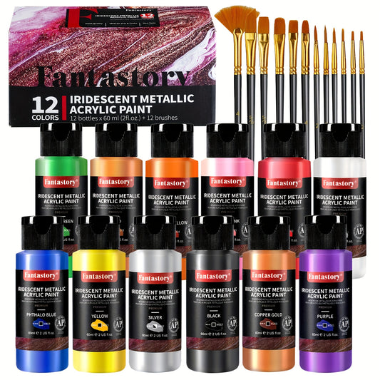 Metallic Iridescent Acrylic Paint Set by Fantastory, 12 Colors in 2oz Bottles with 12 Brushes for Color-Shifting Canvas, Wood, Rock and Ceramic Crafts