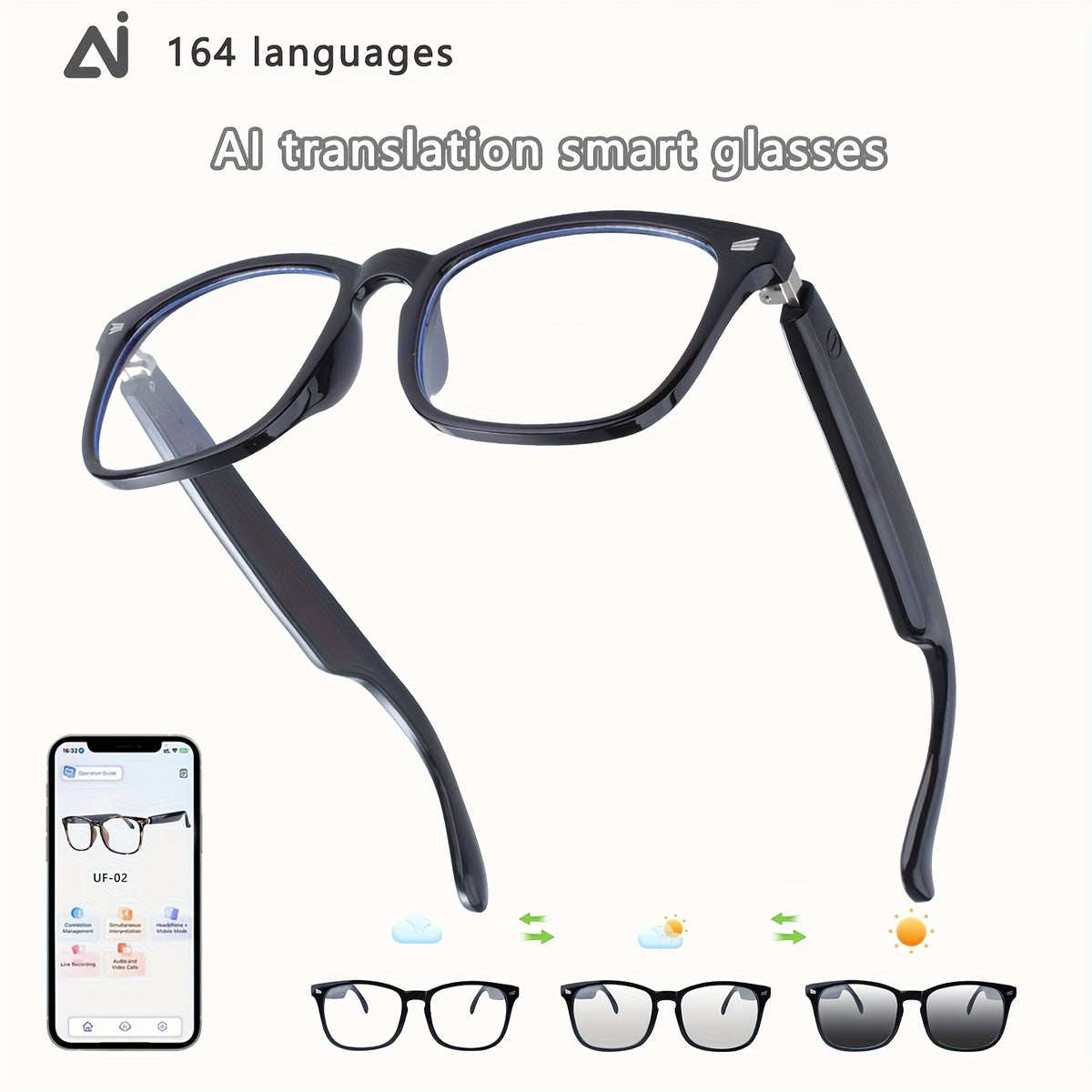 160 Language Translation Smart Glasses, AI Audio Glasses with ChatGPT, HD Calls & HiFi Music, Built-in Mic & Speaker, Photochromic Lenses, Real-Time Translator Eyewear for Travel, Meetings, Men & Women