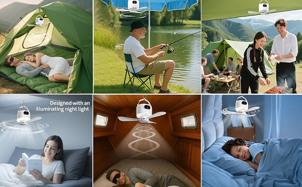 Camping Ceiling Fan with Light, 10400mAh Rechargeable USB Tent Fan Lamp, 4-Speed Quiet Hanging Fan for Tent, Dorm, RV, Remote Control, Power Bank Charges Phones, Multiple Colors
