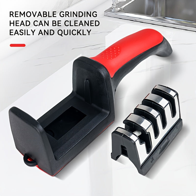 4-Stage Knife Sharpener with Non-Slip Grip, Red and Black Kitchen Edge-Care Tool with Listed Tungsten, Diamond and Ceramic Abrasives for Compatible Knives
