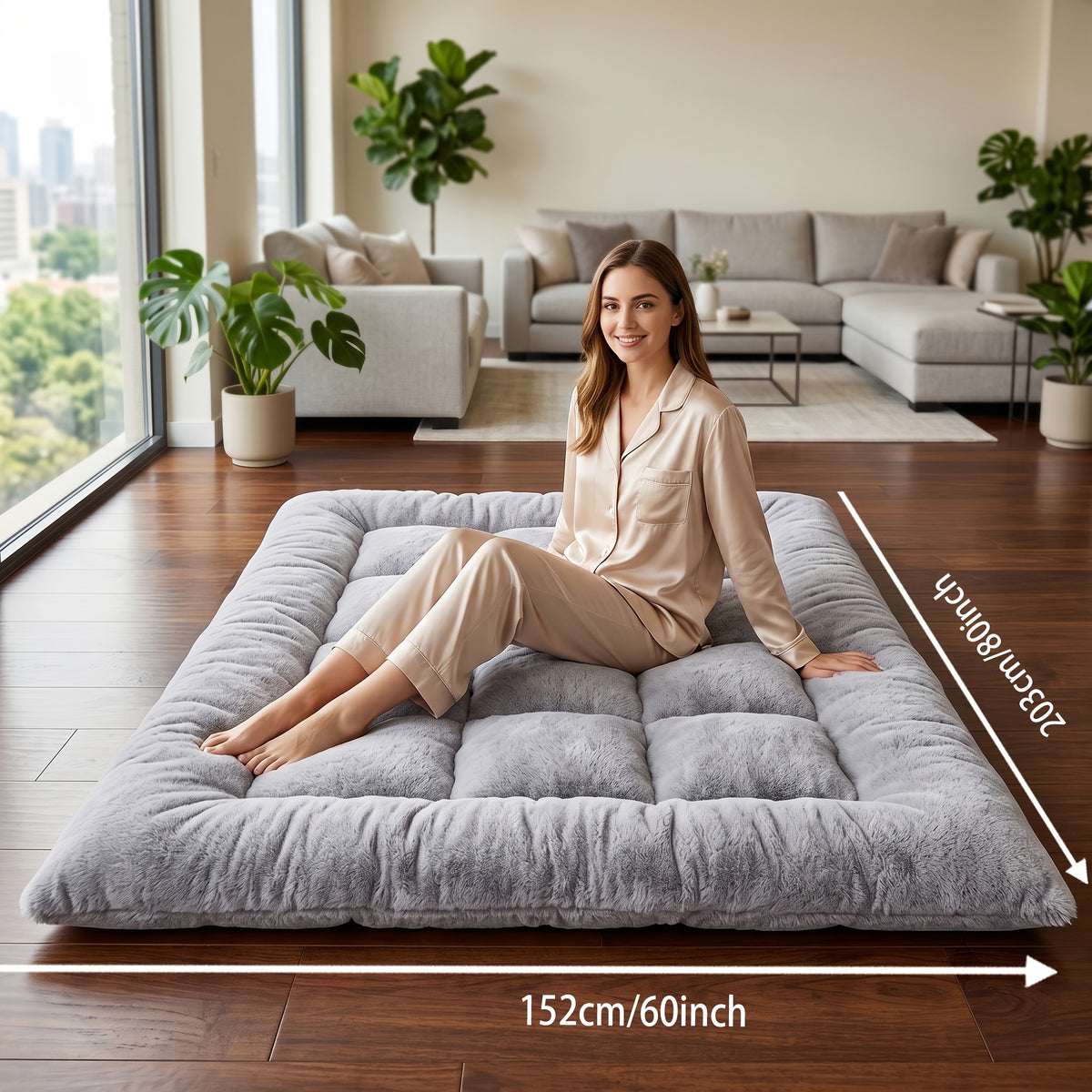 Floor Mattress in Grey with Foldable Tatami-Style Design, Twin, Queen or King Options and Listed Soft Fluffy Feel for Bedroom Lounging and Dorm Room Setups