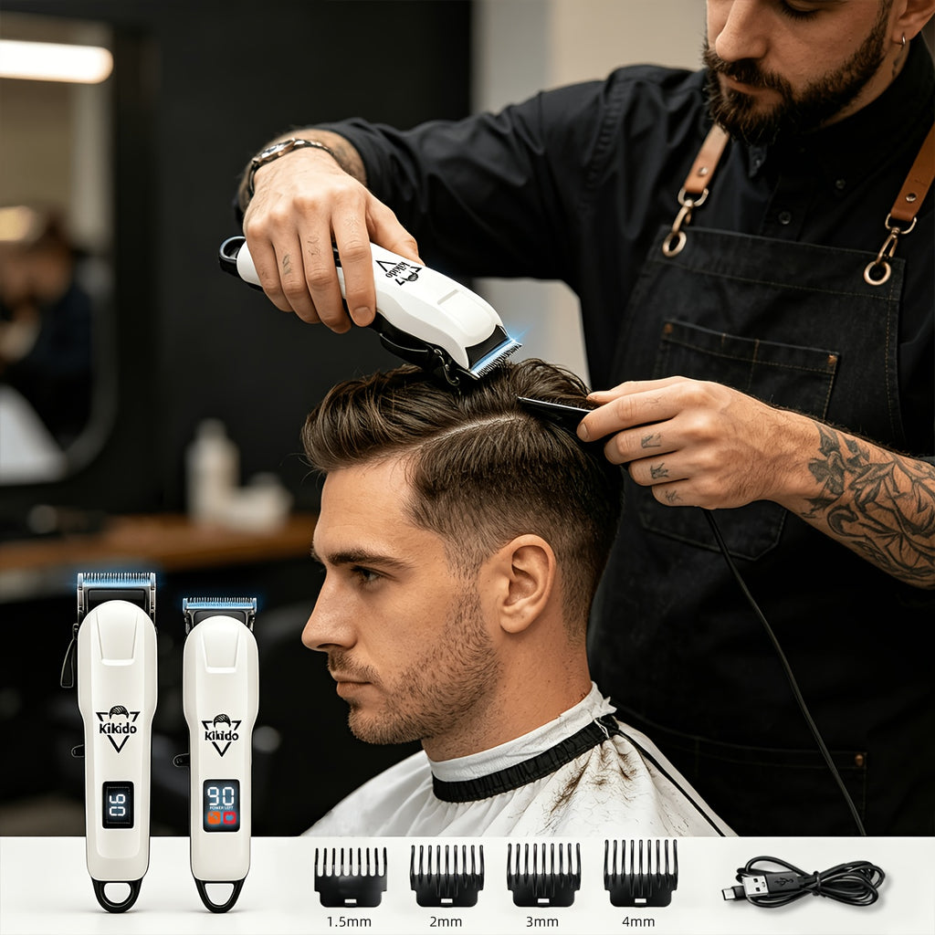 M4 Pro and M2 Pro Grooming Kit Options with Listed Electric Clipper, T-Trimmer and Shaver Wording, Black Golden or Polar White Labels for Men's Hair Care