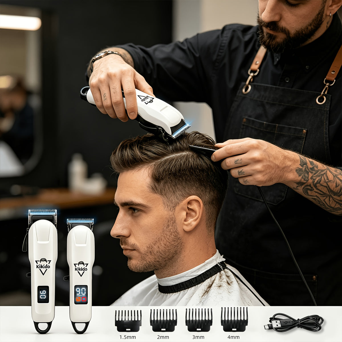 M4 Pro and M2 Pro Grooming Kit Options with Listed Electric Clipper, T-Trimmer and Shaver Wording, Black Golden or Polar White Labels for Men's Hair Care
