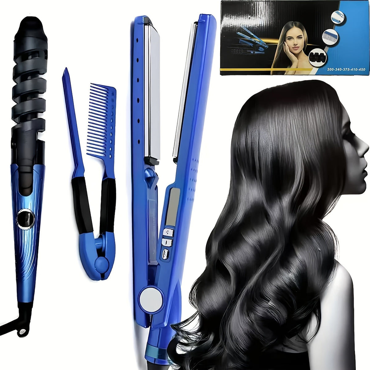 Flat Iron and Curling Iron Hair Styling Set with Comb, Upgraded Three-in-One Kit for Straight Hair, Curls and Wave Styling Routines, Birthday or Mother's Day Gift Idea