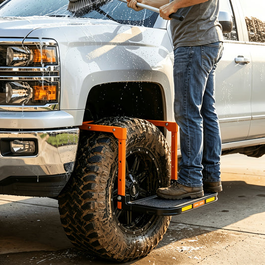 Foldable Tire Step for Compatible Truck and SUV Roof Rack Access, Adjustable Standing Platform with 300 lb, 650 lb or Upgraded Quick-Clip Option Labels