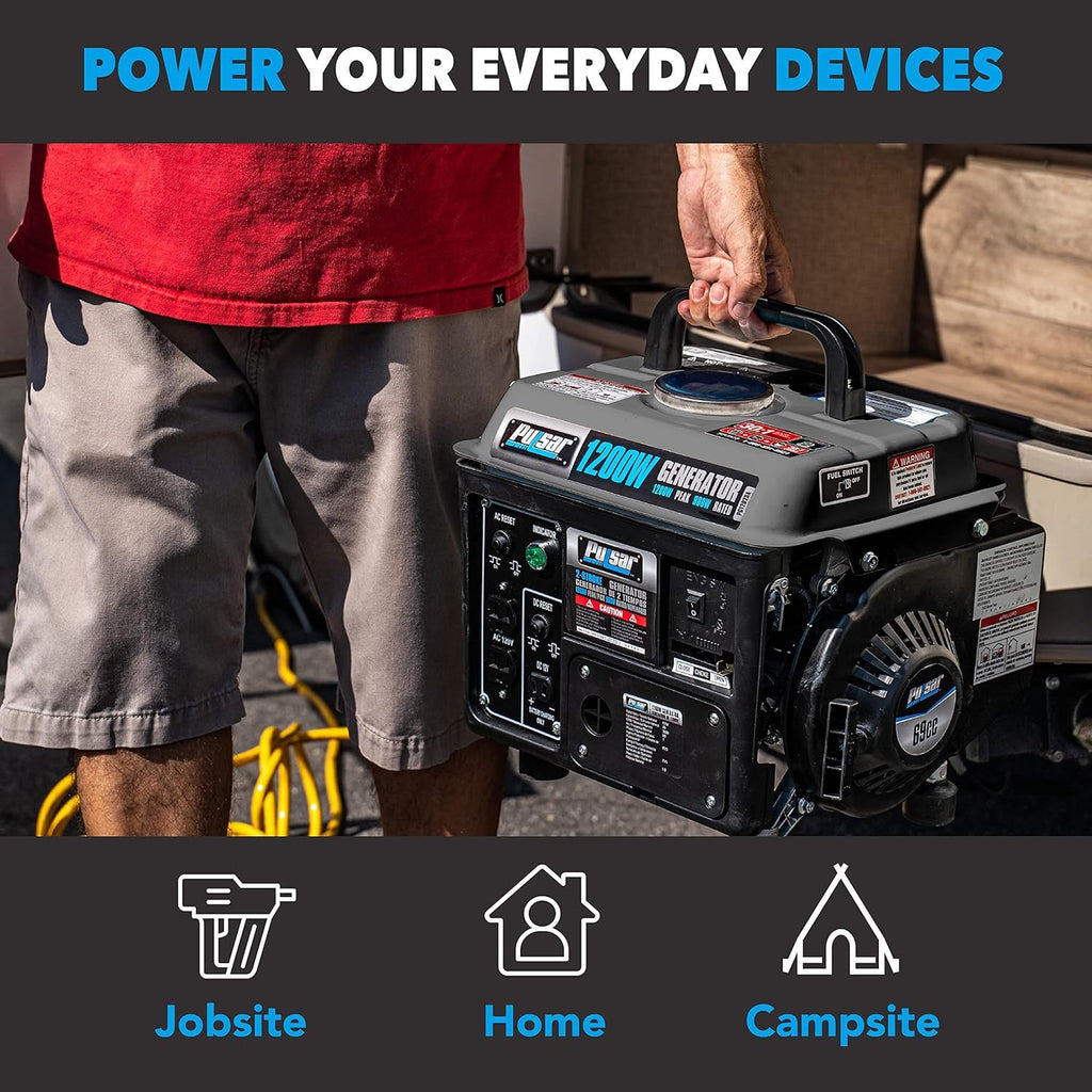 Gas-Powered Portable Generator by Pulsar with Carrying Handle, Listed 1200 Peak and 900 Running Watts, Recoil Start and 120V Outlets for Outdoor Power