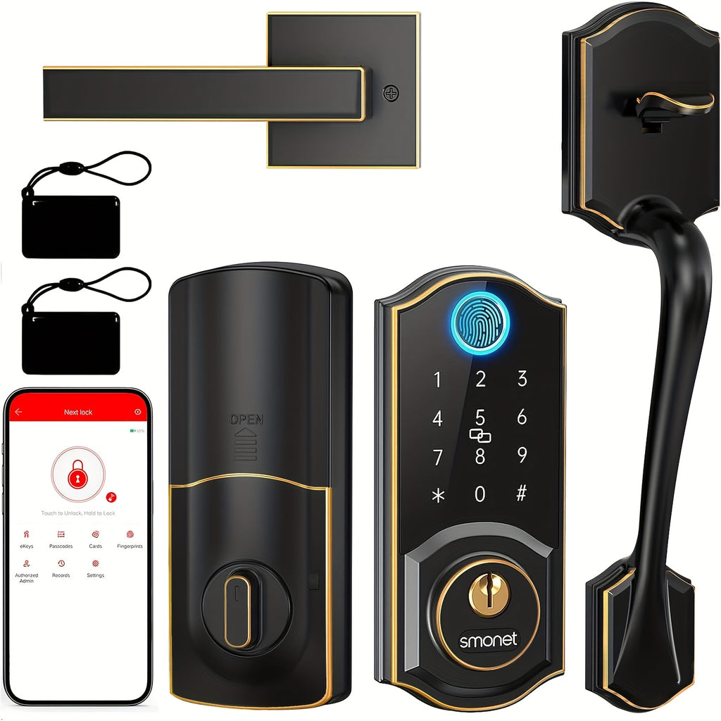 SMONET Fingerprint Deadbolt and Handle Set with Bluetooth, Digital Keypad, Phone App and Auto-Lock Wording, Black, Silvery or Oil Rubbed Bronze Options