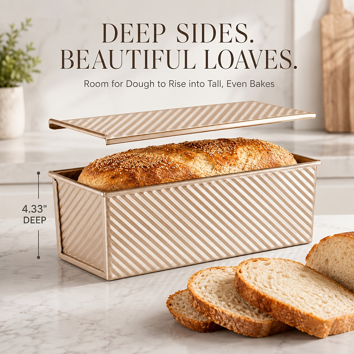 Pullman Loaf Pan Set with Lids, Golden Nonstick Corrugated Carbon Steel Bread Pans in Listed 2.2 LB and 0.5 LB Sizes for Sandwich Bread, Sourdough and Toast
