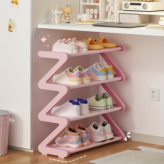 Z-Shaped Shoe Rack with Listed Four-Tier Design and Tool-Free Assembly, Metal Tubes and Plastic Connectors in Five Color and Model Options for Dorm Storage