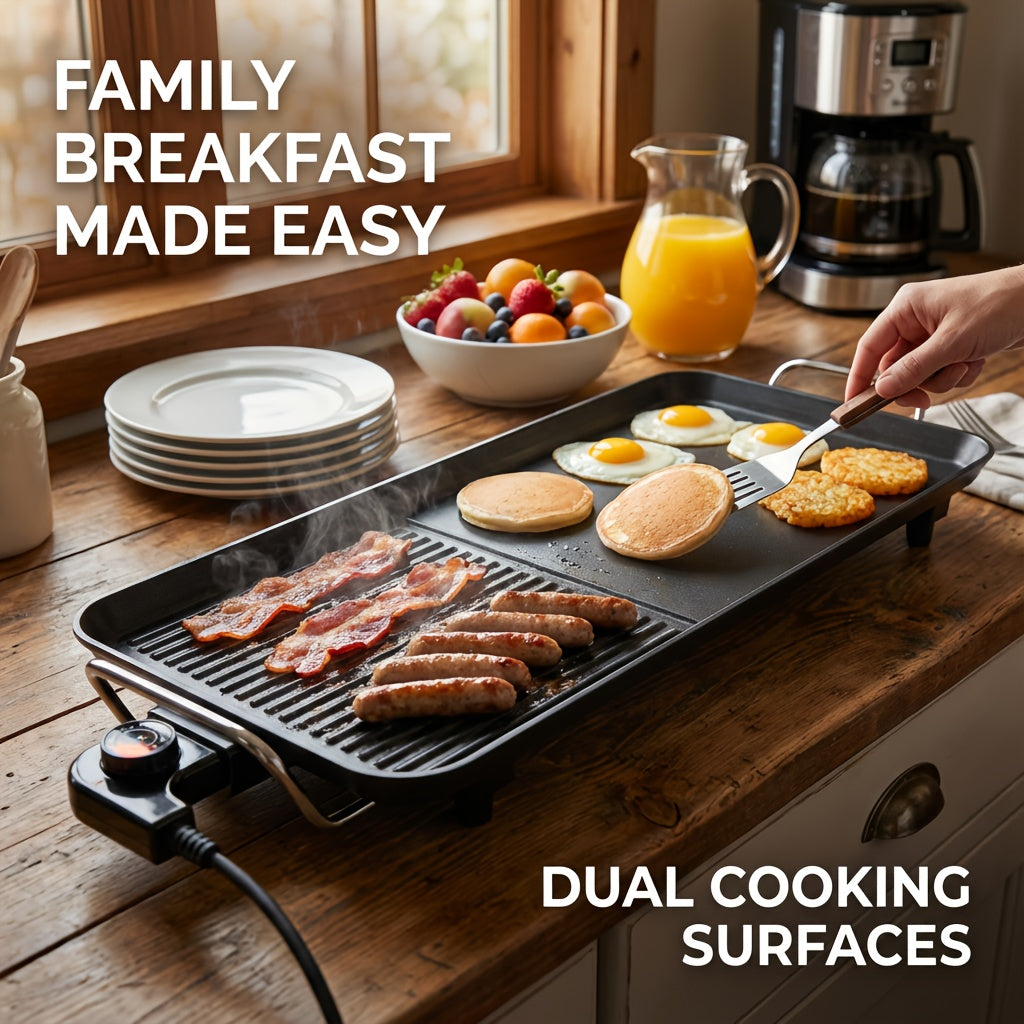 Electric Grill with Nonstick Roasting Surface, Adjustable Temperature and Listed Drip Tray, Extended-Length, Medium or Large Options for Family Meals