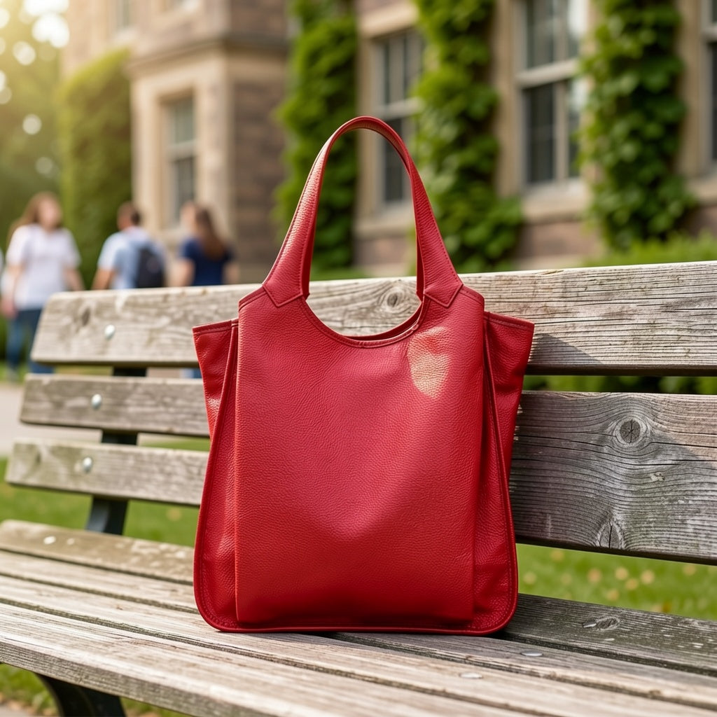 Leather Tote Bag for Women with Vintage Styling, Listed Cowhide Material, Zipper Closure and Gold-Tone Hardware in Black, Red or Fog Blue for Everyday Outfits