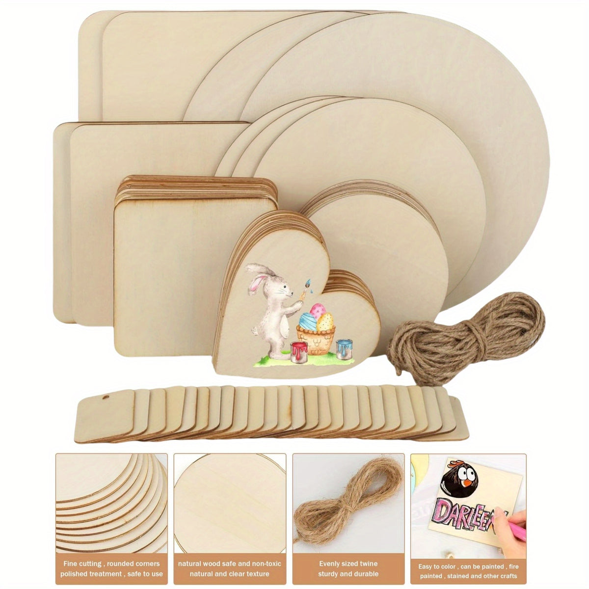Wooden Craft Blanks in Round, Square and Heart Shapes, 130pcs or 65pcs with Twine Options for DIY Painting, Personalized Gift Accents and Wedding Decor