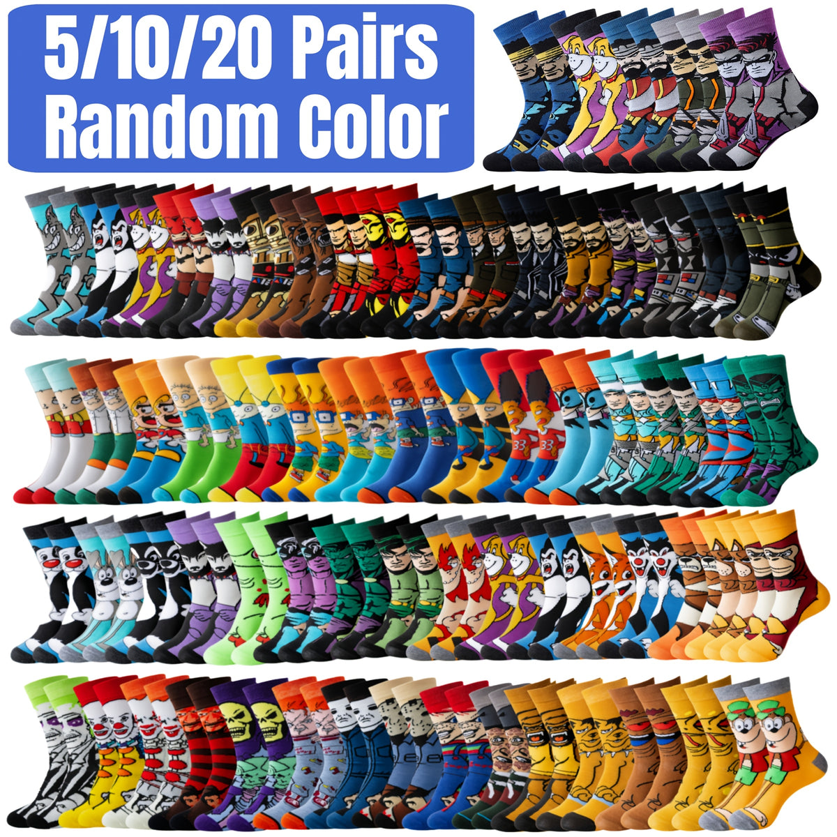 Cartoon Knitted Sock Multipacks, One-Size Casual Mid-Tube Socks with 5, 10, 12 or 22-Pair Random Color Labels and a 10-Pair Color A1 Option for Men and Women