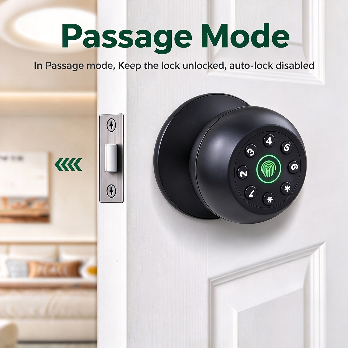 Matte Black Fingerprint Door Knob with Keypad, App Control and Auto Lock, Biometric Code Entry for Compatible Bedroom, Home and Office Doors