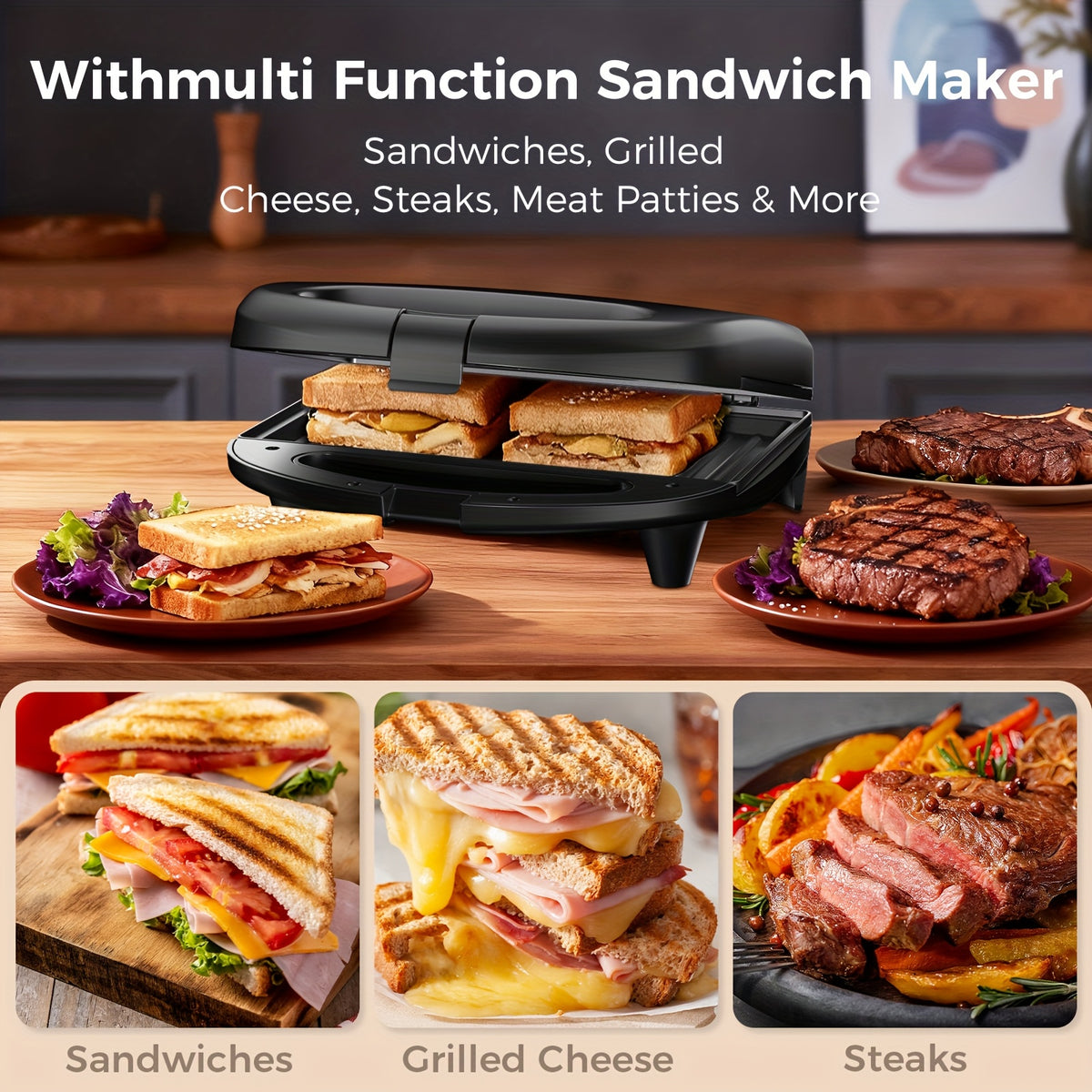 750W Sandwich Maker with Indicator Lights and Cool-Touch Handle, ABS07 Grill-Plate or Waffle-Plate Model Options for Grilled Cheese and Home Breakfast Preparation