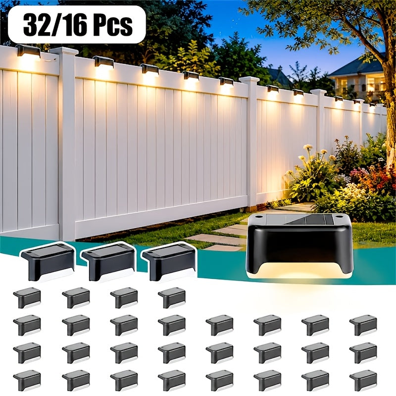 Warm White Solar Step Lights, 16 or 32-Pack Outdoor LED Accents with ABS Housing, Screw Mounting and Automatic On/Off in Black, White or Brown