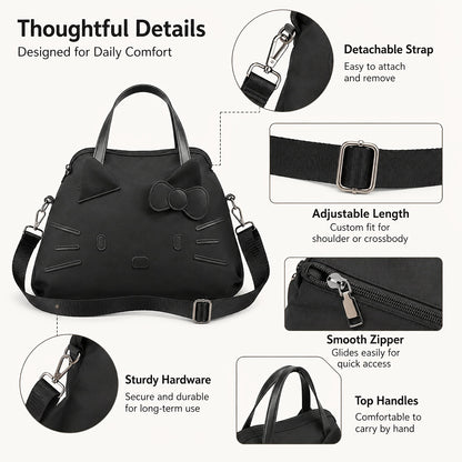 Bow Decorated Nylon Tote Bag with Hello Kitty Theme, Shoulder and Crossbody Carry for Daily Commutes, Gym Visits and Weekend Travel