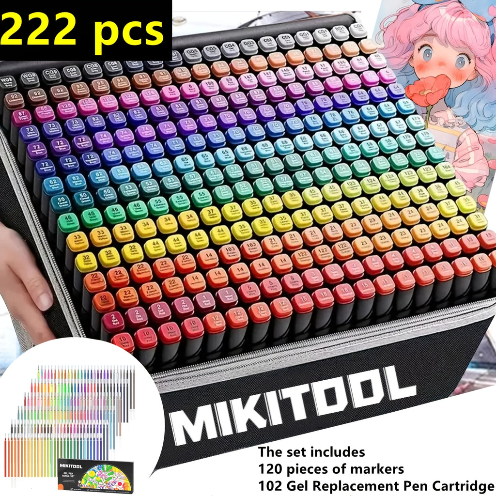 Dual-Tip Permanent Art Marker Set, 120 Drawing Markers Plus 102 Gel Pen Replacement Cartridges for Sketching, Comics and Design, 222 Pieces Total