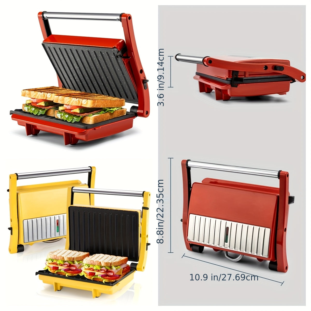 Floating-Hinge Panini Press and Indoor Grill with Nonstick Plate Wording, 180-Degree Opening and Grease Tray, Color or Timer-Control Options for Sandwiches