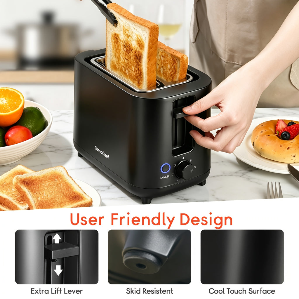 Compact 2 Slice Toaster by TomaChef, 700W with 7 Browning Settings and Removable Crumb Tray for Bread, Bagels and Waffles, Pitch-Black or Off-White