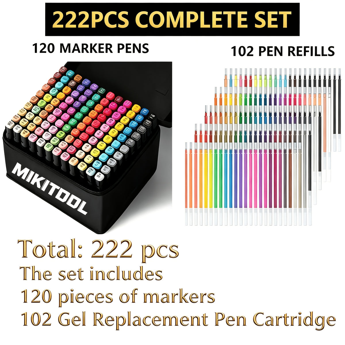 Dual-Tip Permanent Art Marker Set, 120 Drawing Markers Plus 102 Gel Pen Replacement Cartridges for Sketching, Comics and Design, 222 Pieces Total