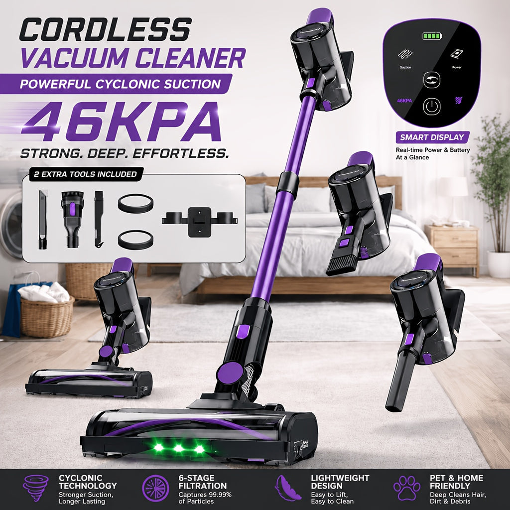 Detachable-Battery Cordless Vacuum Cleaner in Purple with Listed 46kPa Suction, Six-Stage Filtration and V-Shaped Brush Features for Home Floor and Pet Hair Cleanup