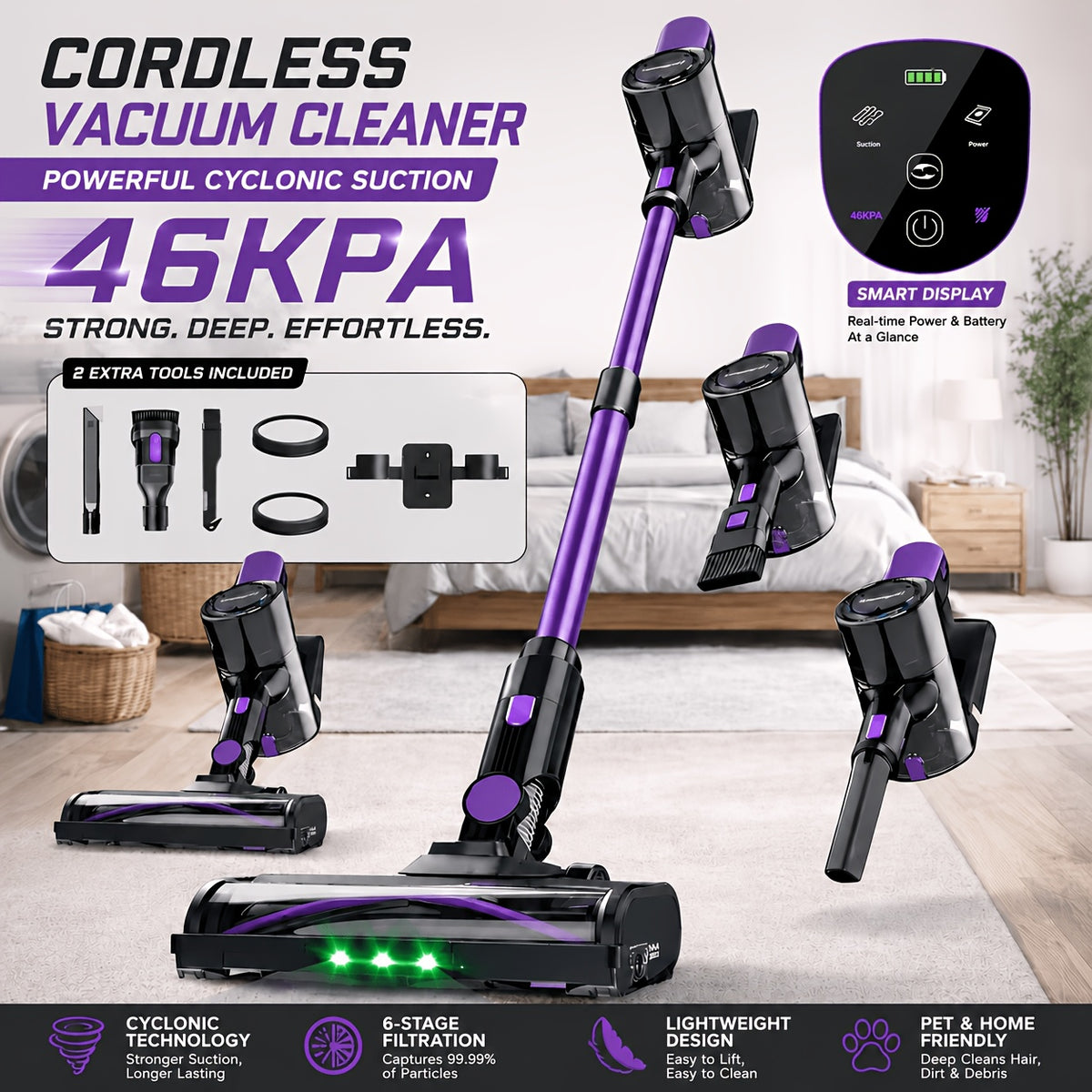 Detachable-Battery Cordless Vacuum Cleaner in Purple with Listed 46kPa Suction, Six-Stage Filtration and V-Shaped Brush Features for Home Floor and Pet Hair Cleanup