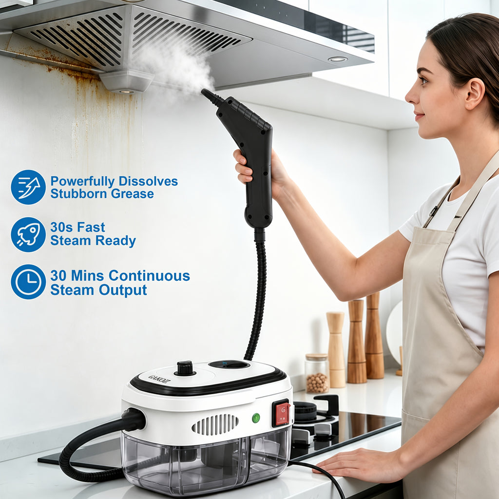 Portable Handheld Steam Cleaner with White 1200W Fixed-Steam or Black and White 1500W Adjustable-Steam Option Labels, Three or Nine Listed Accessories