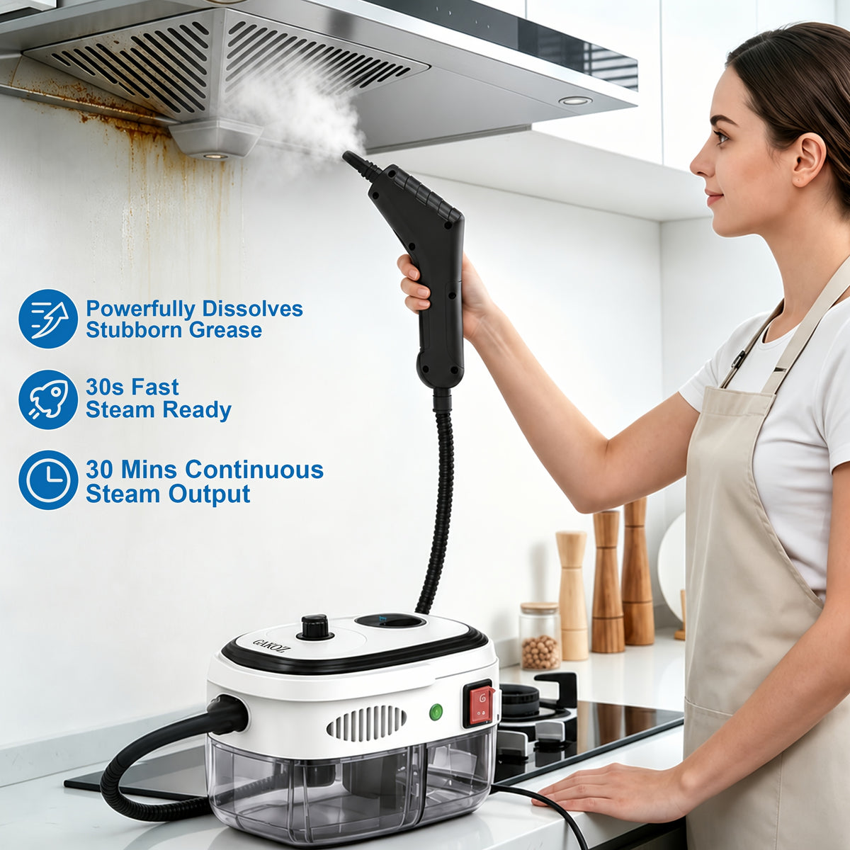 Portable Handheld Steam Cleaner with White 1200W Fixed-Steam or Black and White 1500W Adjustable-Steam Option Labels, Three or Nine Listed Accessories
