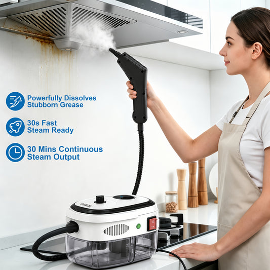 Portable Handheld Steam Cleaner with White 1200W Fixed-Steam or Black and White 1500W Adjustable-Steam Option Labels, Three or Nine Listed Accessories