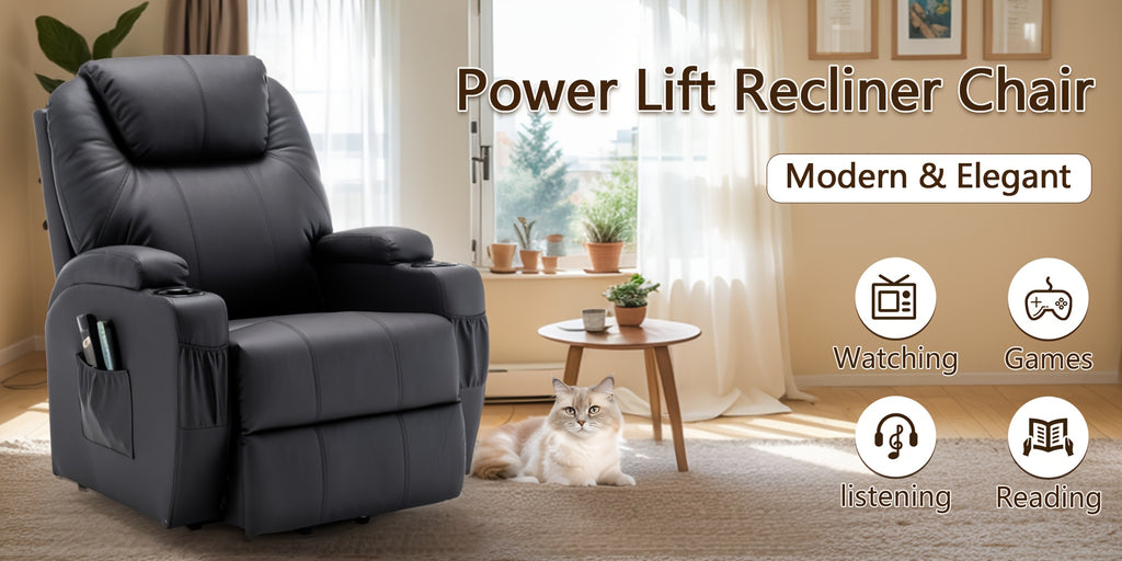 Power Lift Recliner Chair with Massage and Heating Functions, Remote Control and Cup Holder for Home Relaxation, Color and Upholstery Label Options