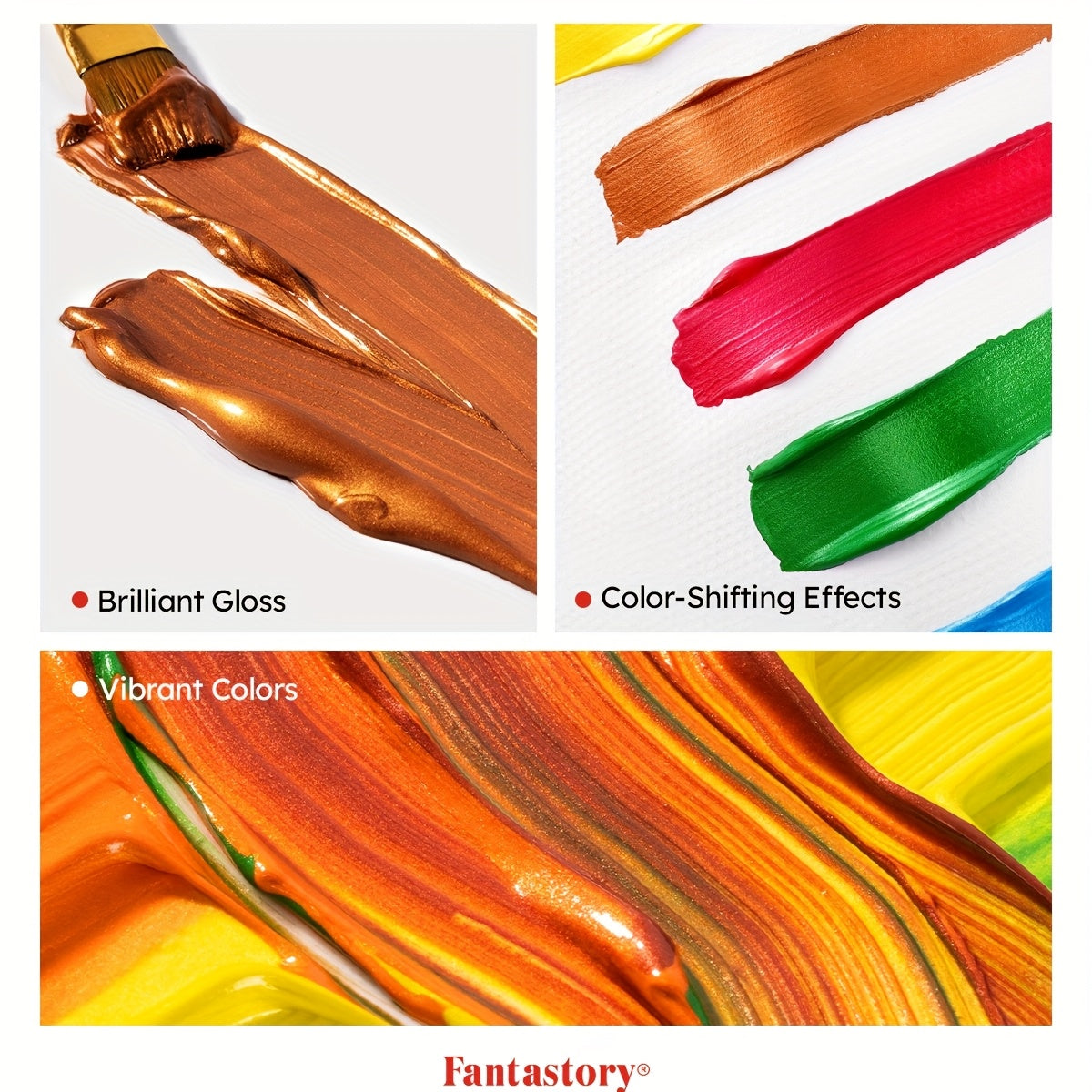 Metallic Iridescent Acrylic Paint Set by Fantastory, 12 Colors in 2oz Bottles with 12 Brushes for Color-Shifting Canvas, Wood, Rock and Ceramic Crafts