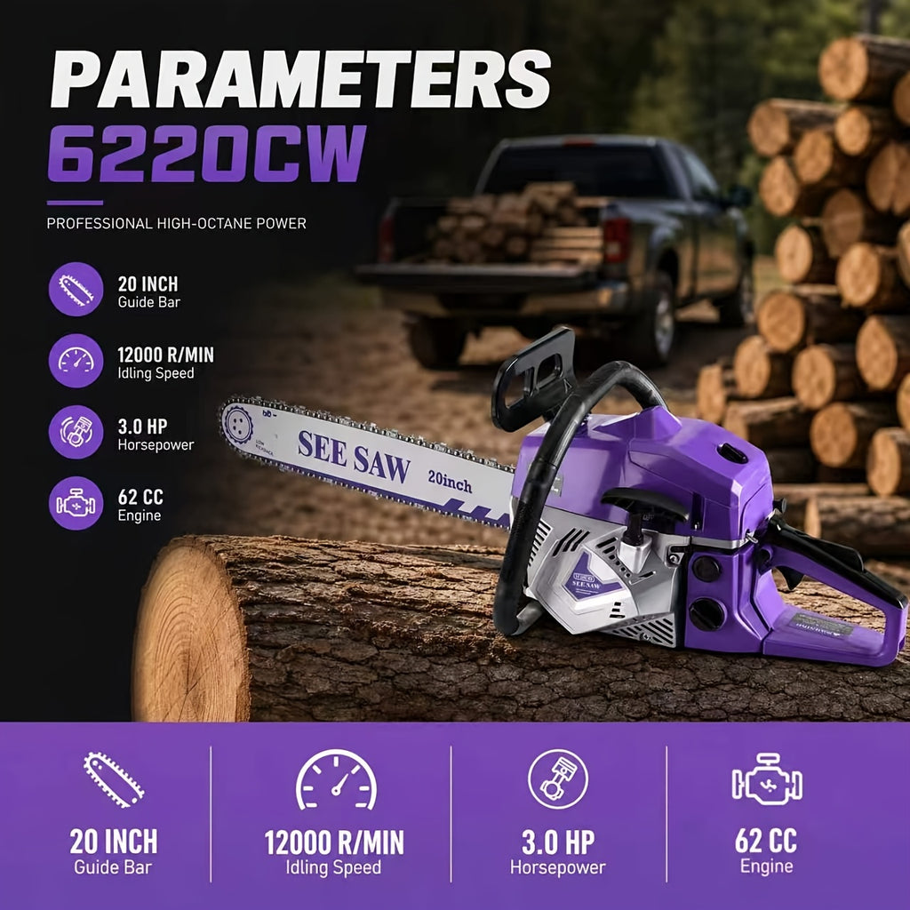 Gas Chainsaw with Anti-Vibration Handle, 62cc 2-Stroke Wood Cutting Saw with Listed 20-Inch Guide Bar for Experienced Adult Ranch and Farm Users