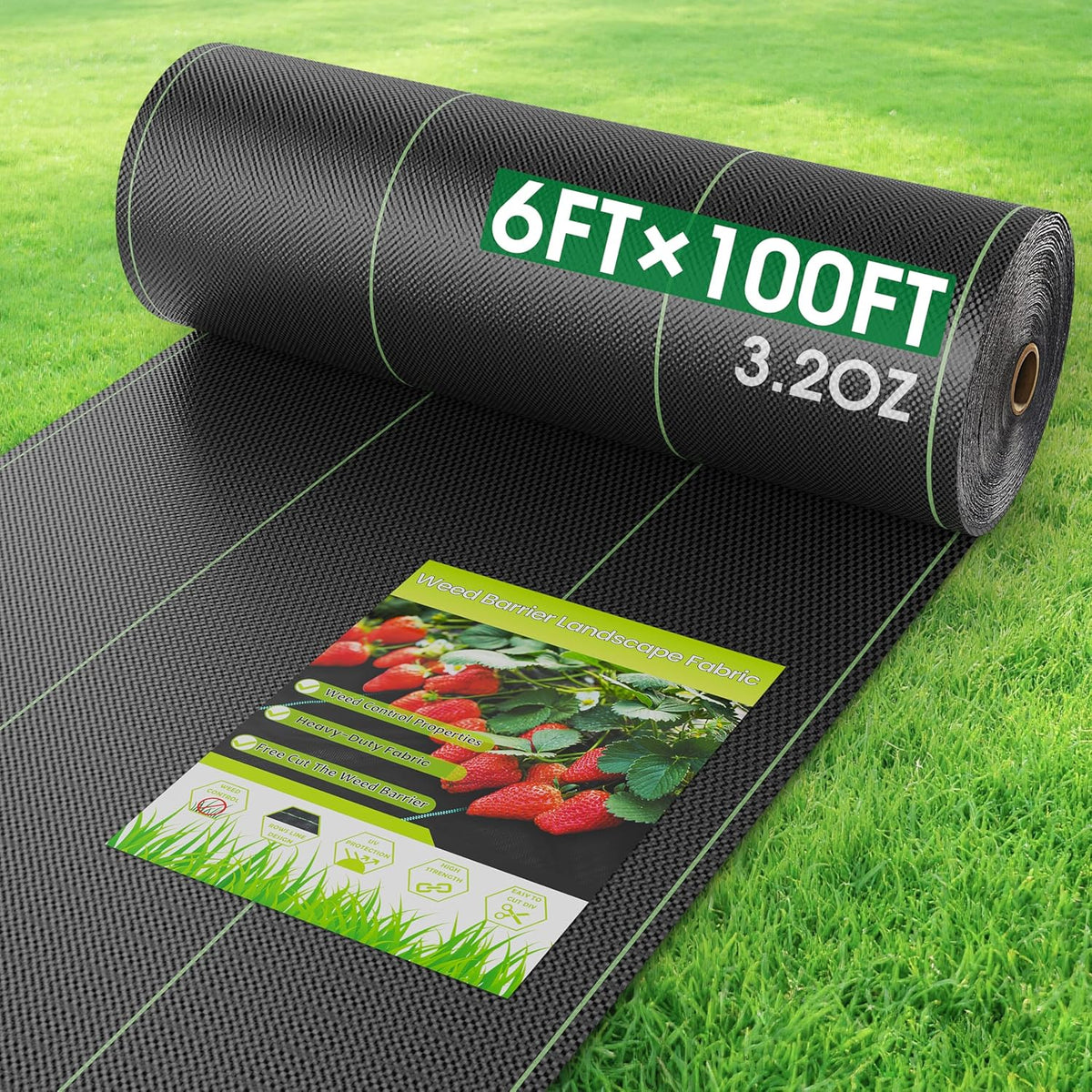 Weed Barrier Fabric Rolls with Green Alignment Lines, 5 x 100 ft, 6 x 100 ft, 8 x 100 ft and 6 x 300 ft Options for Garden Ground Cover