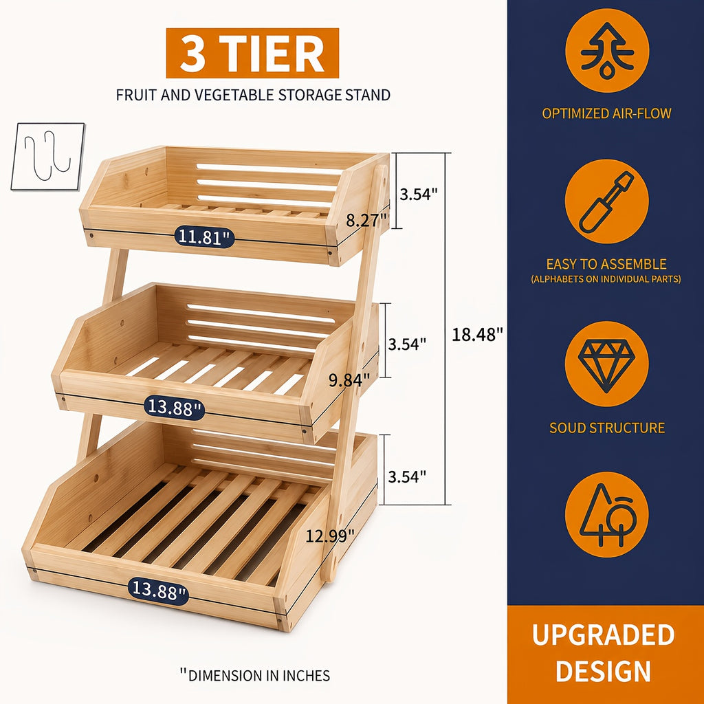 Wooden Fruit Basket Stand for Kitchen Countertops, Two or Three Tier Open Slat Produce Organizer with Natural Wood Finish and Detachable Hooks for Fruit, Bread and Packaged Snacks