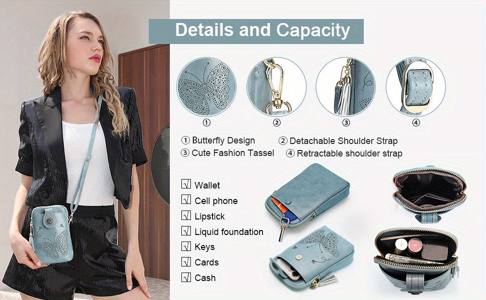 Butterfly Crossbody Phone Purse for Women with Shiny Pattern, Tassel, Adjustable Shoulder Strap and Zipper Closure in Five Colors for Everyday Outings
